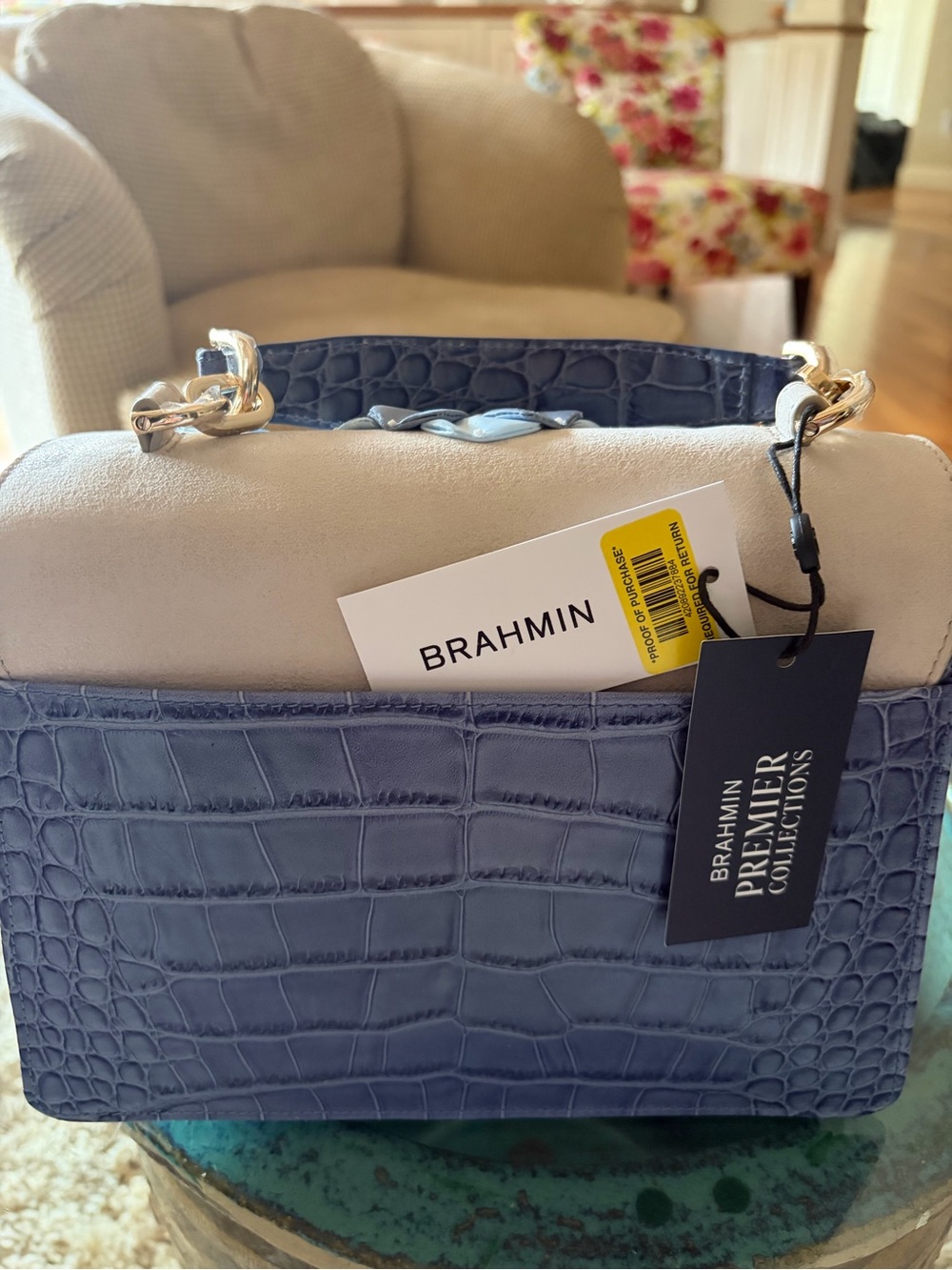 Brahmin Bluebell - NWT Blue & Cream Floral Applique Croc-Texture Crossbody Bag - Picture 3 of 4